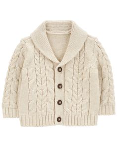 a child's cardigan sweater with buttons on the front and collar, in white