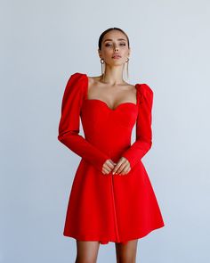 Fabric: Crepe Cotton 75%, Polyester 20%, Elastane 5% Sweetheart neckline Puff sleeves Bustier bodice Asymmetrical skirt Zipper on back Mini Length Dress length: 80 cm/ 31,4 in Skirt length: 45 cm/ 17,7 in Sleeve length: 67 cm/ 26,3 in Simple Gowns, Elegant Mini Dress, Dress With Puff Sleeves, Long Sleeve Cocktail Dress, Skirt Zipper, Puff Sleeve Dresses, Asymmetrical Skirt, Red Mini Dress, Red Wedding