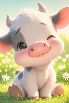 a cartoon cow sitting in the grass with daisies around it's neck and eyes