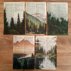 four books with pictures of mountains and trees on them are sitting on a table next to each other