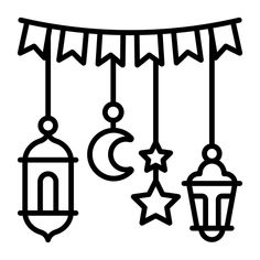 three hanging lanterns with stars and crescents