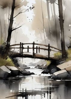 a watercolor painting of a bridge over a body of water with trees in the background