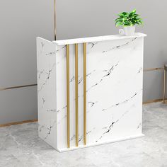 a white marble bar with gold bars and a potted plant