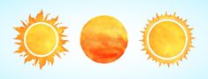 three different types of sun on a light blue background with watercolor paint and brush strokes