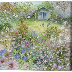 a painting of a garden with flowers and a shed in the background, surrounded by birds