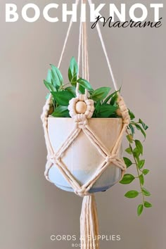 a potted plant hanging from a rope with the words bock knot macrame