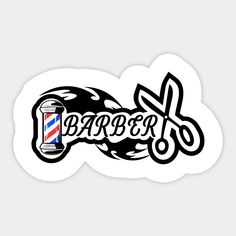 a sticker with the word barber on it and scissors in front of an image of a