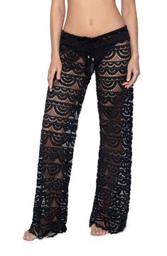 Chic Wide Leg Lace Pants, Chic Party Bottoms With Lace Patchwork, Party Lace Wide Leg Pants, Party Wide Leg Lace Pants, Wide Leg Lace Pants For Party, Party Bottoms With Lace Trim Long Pants, Chic Lace Pants With Lace Trim, Fitted Lace Trousers, Summer Lace Bottoms With Lace Patchwork