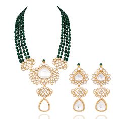 Elegance redefined in every bead - reflecting a dazzling interplay of tradition and contemporary style! Introducing a masterpiece of timeless elegance and modern charm. This stunning jewelry set features luxurious emerald green beads interspersed with delicate white beads, creating a harmonious blend of vibrant hues. Adorned with radiant jadau kundan stones, this mala set is a testament to refined taste and sophisticated allure. The set includes a mala and a pair of matching earrings. Approximat Elegant Polished Emerald Bead Necklace For Wedding, Elegant Emerald Necklace With Polished Beads For Wedding, Elegant Polished Beads Emerald Necklace For Wedding, Elegant Gemstone Beads Jewelry Sets For Wedding, Elegant Emerald Jewelry With Polished Beads, Elegant Wedding Jewelry Sets With Gemstone Beads, Elegant Kundan Necklace With Faceted Beads For Celebration, Elegant Beaded Necklace With Faceted Beads For Festive Occasions, Elegant Beaded Necklaces With Faceted Beads For Festive Occasions