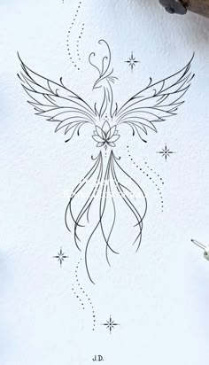 an ink drawing of a bird with stars on it's wings and the letter j