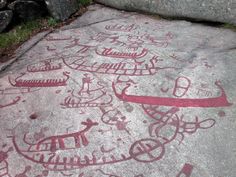 some rocks with drawings on them and grass in the backgroung behind it