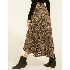 Coffee Floral Print Split Pleated High Waist Skirt