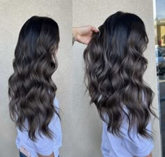 Soft Black Balayage, Hair Extensions Color Ideas, Highlights For Dark Brown Hair Straight, Ash Brown Balayage On Black Hair, Summer Black Hair, Dark Dimensional Hair Brunettes, Smokey Ash Brown Balayage Dark, Ashy Babylights On Dark Hair, Ashy Brown Hair Balayage