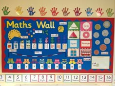 a bulletin board with numbers and hand prints on it that says, maths wall