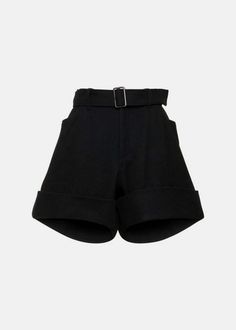 Wool blend belted short pants in black.  concealed front button and zip closure  includes adjustable belt with buckle closure  two side pockets    90% wool 10% polyamide.  made in japan. Chic Belted Short Bottoms, Chic Short Bottoms With Belt Detail, Black Bottoms With Belt Detail For Fall, Black Belted High-waisted Shorts, Black High-waisted Belted Shorts, Black Bottoms With Removable Belt, Black Belted Short-length Bottoms, Black Belted Bottoms Short Length, Black Fitted Belted Shorts