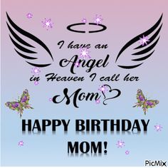 a happy birthday card for mom with angel wings and flowers on the sky in purple