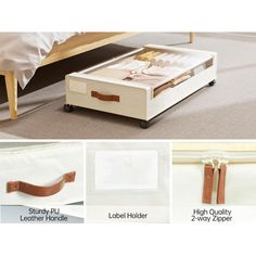 an image of a bed with drawers underneath it and instructions on how to use them