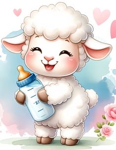 a cartoon sheep holding a baby milk bottle