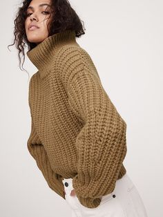 Italian Merino-Blend Cropped Sweater | Banana Republic Heavy Knit Sweater, Mockneck Sweater, Imperfection Is Beauty, Funnel Neck Sweater, Camel Sweaters, Heavy Knit, Merino Wool Sweater, Chunky Knits Sweater, Mock Neck Sweater