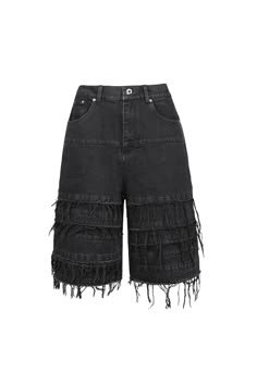 The Heavily Frayed Layered Denim Shorts are the epitome of a punk ethos married to the artistry of aging. These shorts are a testament to raw street fashion, featuring multiple levels of frayed and distressed detailing that cascade down the front, offering an illusion of depth and edge. An elasticized waist ensures a snug, comfortable fit while metallic rivets at the pockets infuse a tough, industrial vibe. The premium fabric is both durable and stylish, with a deconstructed patchwork design tha Illusion Of Depth, Clever Tattoos, A Punk, Frayed Denim, Outfit Design, Patchwork Designs, 2024 Collection, Vintage Wear, Premium Fabric