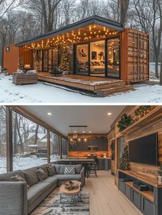 two pictures side by side of a living room and dining area in the middle of snow