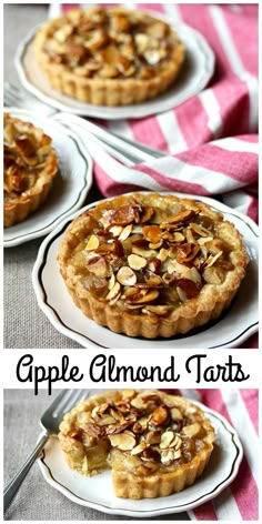 apple almond tarts on white plates with pink and white striped table cloth