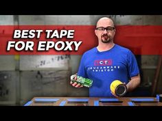 a man holding a can and some batteries in his hand with the words best tape for epox on it