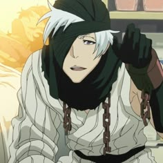 an anime character with white hair and black eyes sitting on a bed in front of a window