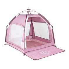 a pink and white tent with the door open to show it's inside area