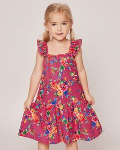 A celebration of summer's playful spirit. Vibrant blooms in hues of yellow, red, blue, and green dance on a sizzling hot pink canvas, exuding a sense of fun and joy. Embrace the lively energy of the summer season with this playful print, perfect for adding a bold splash of color to your sleepwear collection. The Celeste Lounge Dress boasts a lovely flutter at the shoulder and a comfortable a-line midi-length silhouette. A pretty gathered tier at the hem is our nod to your favorite summer sun dre Summer Sundresses, Pink Canvas, Lounge Dress, Shoe Size Conversion, Sun Dress, Happy Kids, Summer Sun, Summer Season, In Summer