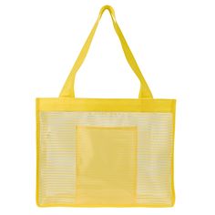 Made Of Combo: Nylon Mesh And 210 Polyester | Front Pocket | 25" Handles | Spot Clean/Air Dry | Totes | Beach Totes | Custom Sheer Striped Tote Bag in Yellow | Mesh Cheap Yellow Beach Bag For Everyday Use, Cheap Yellow Shoulder Bag For Beach Season, Cheap Yellow Shoulder Bag For The Beach, Cheap Mesh Tote Bag, Cheap Yellow Bags For Beach Season, Cheap Yellow Beach Bag For Vacation, Yellow Bags For Beach Season At Affordable Prices, Affordable Yellow Bags For Beach Season, Affordable Yellow Beach Bag For Shopping