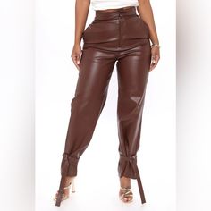 Brand New With Tags Never Worn High-waisted Faux Leather Pants With Belt Loops, Trendy Brown Leather Pants For Spring, Brown Faux Leather Pants For Party, Brown Faux Leather Bottoms With Belt Loops, Faux Leather High Waist Pants For Date Night, High Waist Faux Leather Pants For Date Night, Trendy Leather Pants For Date Night, Date Night High Waist Faux Leather Pants, Brown Faux Leather Trousers