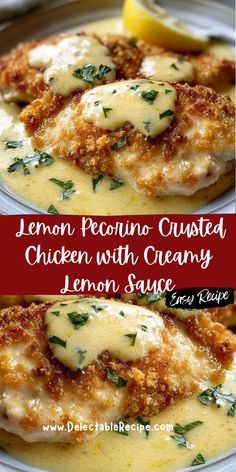 lemon pecano crusted chicken with creamy lemon sauce is an easy dinner recipe