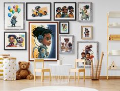 a child's room with pictures and toys on the wall