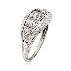 Ross-Simons - C. 1935 Vintage .50ct t. w. Diamond Filigree Ring in 18kt White Gold. Size 5. C. 1935. Bright all over and adorned with elegant filigree work, this Estate collection ring hailing from the Art Deco era is a true standout. Twinkling .50 ct. t. w. round Old Mine-cut diamonds, which graduate in size, are housed in geometric settings that float across the top of the breathtaking ring thanks to its open-space design. Crafted in gleaming 18kt white gold, this unique piece belongs in your Classic Collectible Diamond Ring With Vvs Clarity, Estate Style Diamond Cut Rings For Formal Occasions, Estate Rings With Prong Setting For Formal Occasions, Estate Style White Gold Diamond Ring For Formal Occasions, Estate Style Formal Rings With Prong Setting, Formal Estate Rings With Prong Setting, Classic Collectible Rings With Diamond Accents, Hallmarked Estate White Gold Rings, Estate Silver Diamond Ring With Diamond Cut