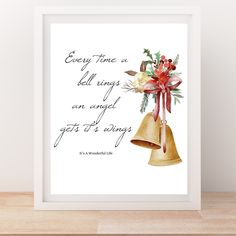 a watercolor painting of a bell with flowers on it and the words, every time a bell rings an angel gets its wings