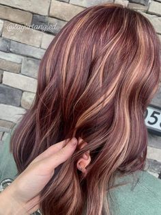 Red Hair With Colored Tips, Burgundy Hair With Brown Highlights, Cherry And Blonde Highlights, Wine Hair Color Burgundy With Blonde Highlights, Blonde And Plum Highlights, Cherry Coke Hair With Highlights, Red Brown Hair With Highlights Blonde, Mahogany And Blonde Hair, Dark Red Blonde Balayage