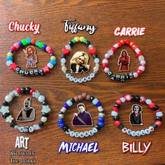 Art The Clown Bracelet, Horror Beaded Bracelet, Tv Show Bracelets, Horror Movie Bracelets, Horror Bracelet Ideas, Cute Bead Ideas, Kandi Friendship Bracelets, Horror Kandi, How To Make Kandi Cuffs