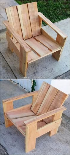 a wooden chair made out of pallets sitting on top of a cement floor next to a