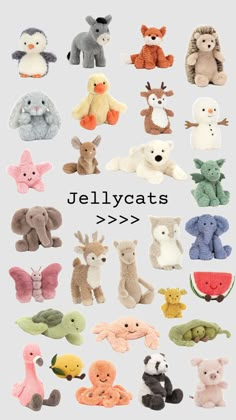 an assortment of stuffed animals are shown in different colors, sizes and shapes with the words jellycats above them