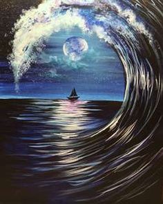 a painting of a sailboat in the middle of a large wave at night time