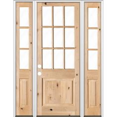 a wooden door with glass panels and sidelights