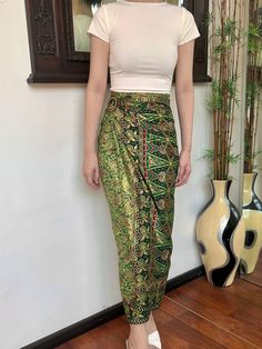 Green Gold Ethnic Bali Batik Wrap Skirt HOW TO STYLE: This is instant wrap skirt, very easy to style.  You can wear this batik wrap skirt from day to night, as a beach cover up or style it with a top for a formal event. You can even turn this skirt into a beautiful dress.  Perfect for Bridesmaid Gift, Valentine's Day Gift, Mother's Day Gift, Birthday Gift for Her. MATERIALS: Cotton Batik with Bird Motif Batik was handcrafted by our local artisans Self Manufactured  Size inclusive❗️Contact us for Wrap Skirt Outfit, Sarong Wrap Skirt, Batik Skirt, Bali Beach, Skirt Beach, Sarong Wrap, Motif Batik, Bird Motif, Beach Skirt