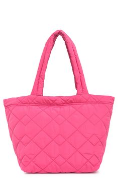 A medium sized tote bag is perfect for a "go-anywhere" style and features a quilted design. 11.5" H x 18.5" W x 8" D 10.5" strap drop Top zip closure Quilted exterior PU and terylene exterior Imported