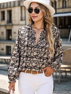 Lasaky - Stylish Long Sleeve Floral Print Blouse with Deep V-neck in Snow Chiffon Chic Flowy Blouse With Split Neck, Chic Split Neck Blouse For Vacation, Chic Flowy Split Neck Blouse, Fall Vacation Blouse With Split Neck, Fall Vacation Split Neck Blouse, Casual Blouse With Notched Neckline For Fall, Split Neck Blouse For Fall Vacation, Flowy V-neck Blouse For Fall, Split Neck Blouse For Fall Day Out