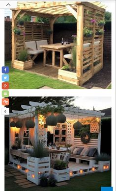 two pictures side by side one has a wooden gazebo and the other has lights on it