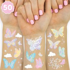 PRICES MAY VARY. Spread Your Wings: Our pastel butterfly tattoos are the party decor you've been looking for + a guaranteed hit! Time To Fly: two sheets with a total of 70 iridescent tattoos featuring handdrawn designs of butterflies, clouds, stars, hearts, flowers + more that guests will absolutely love! Pretty Pastel: our fun temporary tattoos have been put through rigorous party testing and are 100% guaranteed to last day into night - the perfect birthday party decorations! The Perfect Party Butterfly Themed 2nd Birthday Party, Butterfly Toddler Birthday Party, Fairy 7th Birthday Party Ideas, Butterfly Tea Party Birthday, Butterfly 5th Birthday Party, Butterfly Birthday Party Decorations Diy, Butterfly Pool Party, Butterfly Birthday Party Theme, Butterfly Garden Birthday Party