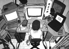 a black and white drawing of a person sitting in front of a desk with computers on it