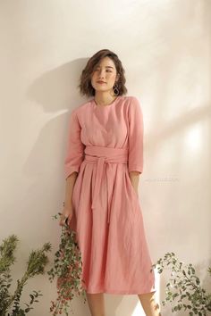 Rosie Linen Dress – VAST Linen Dress Outfit, Midi Linen Dress, Pink Linen Dress, Long Linen Dress, Linen Midi Dress, Half Sleeve Dresses, Dress Out, Dress With Belt, Pink Linen