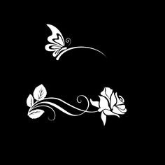 two white roses with butterflies flying over them on a black background, one is in the shape of a letter c